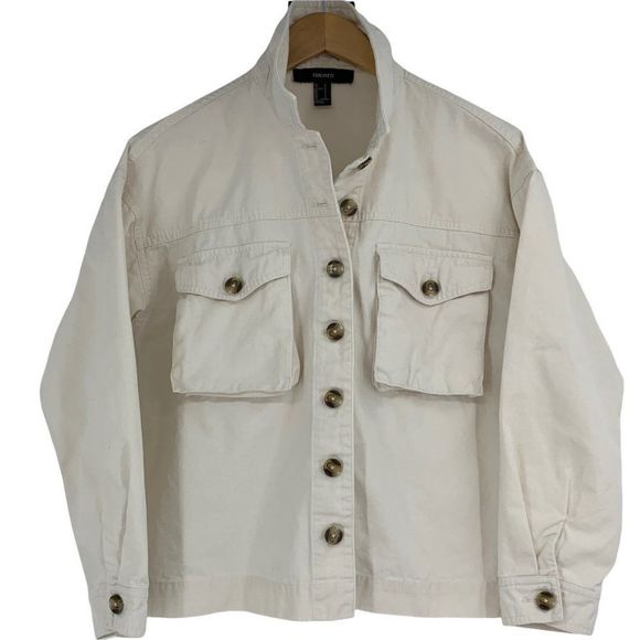 Womens Forever 21 Sz Small Ivory Denim Jacket Light Weight Button 0717 - Picture 1 of 7